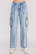 HIGH WAIST BAGGY DENIM CARGO ANKLE LENGTH TROUSERS