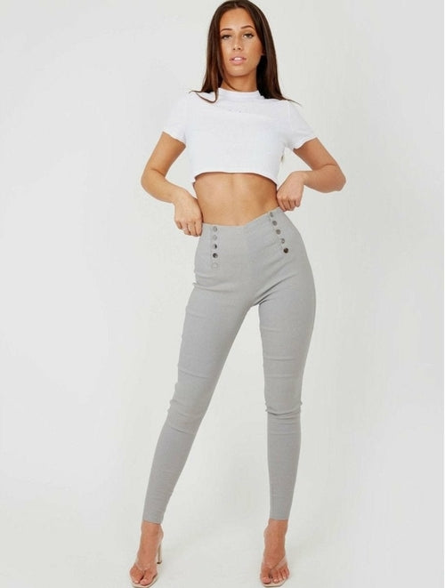 Mock Button High Waisted Jeggings - Black/Navy/Grey/Red/Khaki/Camel