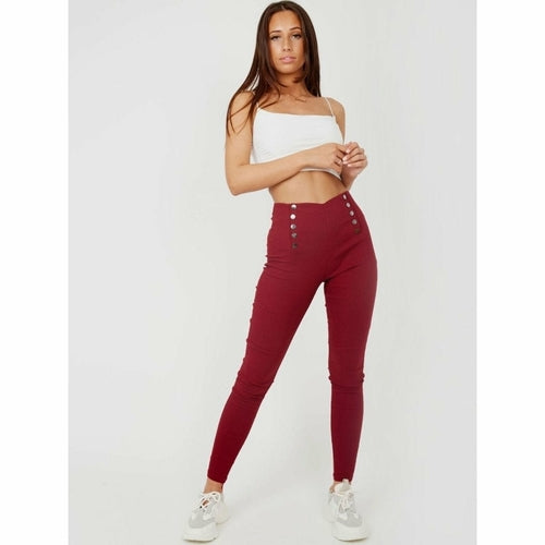 Mock Button High Waisted Jeggings - Black/Navy/Grey/Red/Khaki/Camel