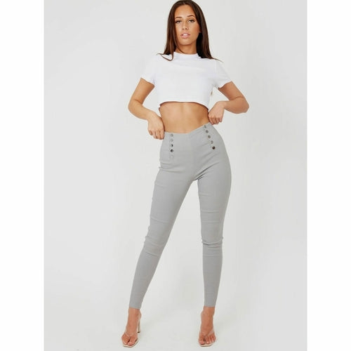 Mock Button High Waisted Jeggings - Black/Navy/Grey/Red/Khaki/Camel