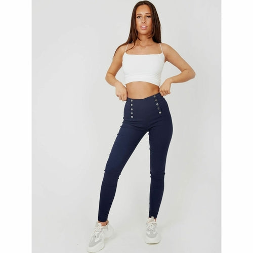 Mock Button High Waisted Jeggings - Black/Navy/Grey/Red/Khaki/Camel