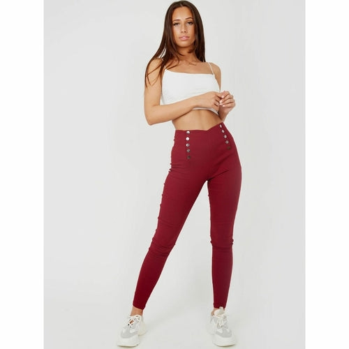 Mock Button High Waisted Jeggings - Black/Navy/Grey/Red/Khaki/Camel