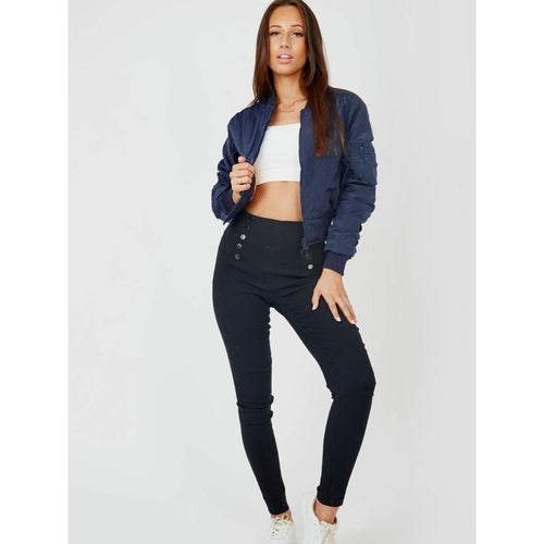 Mock Button High Waisted Jeggings - Black/Navy/Grey/Red/Khaki/Camel